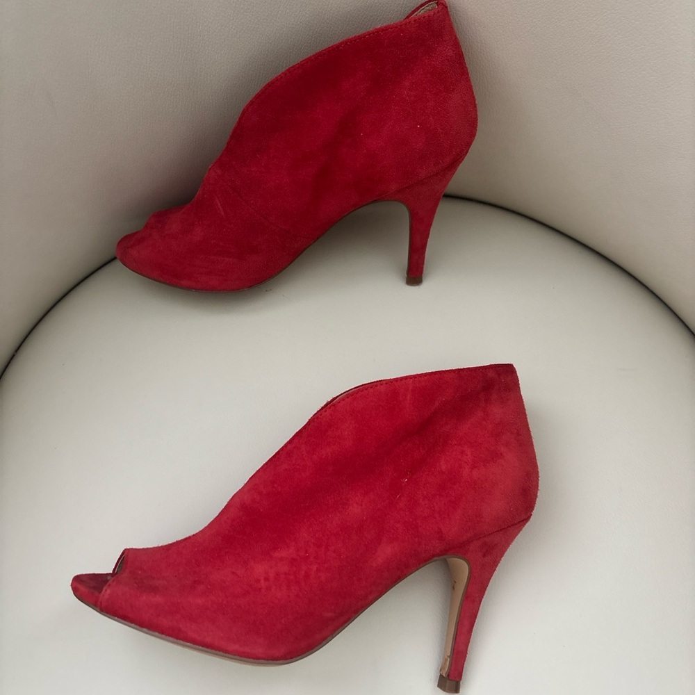 Halogen Red Suede Peep Toe Heels